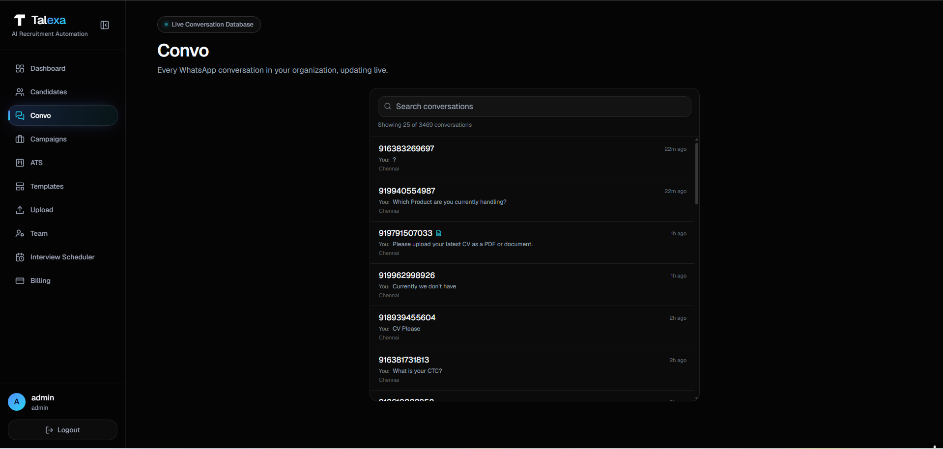 Talexa Convo screen — a live database of WhatsApp recruitment conversations with candidates, showing recent messages and timestamps.