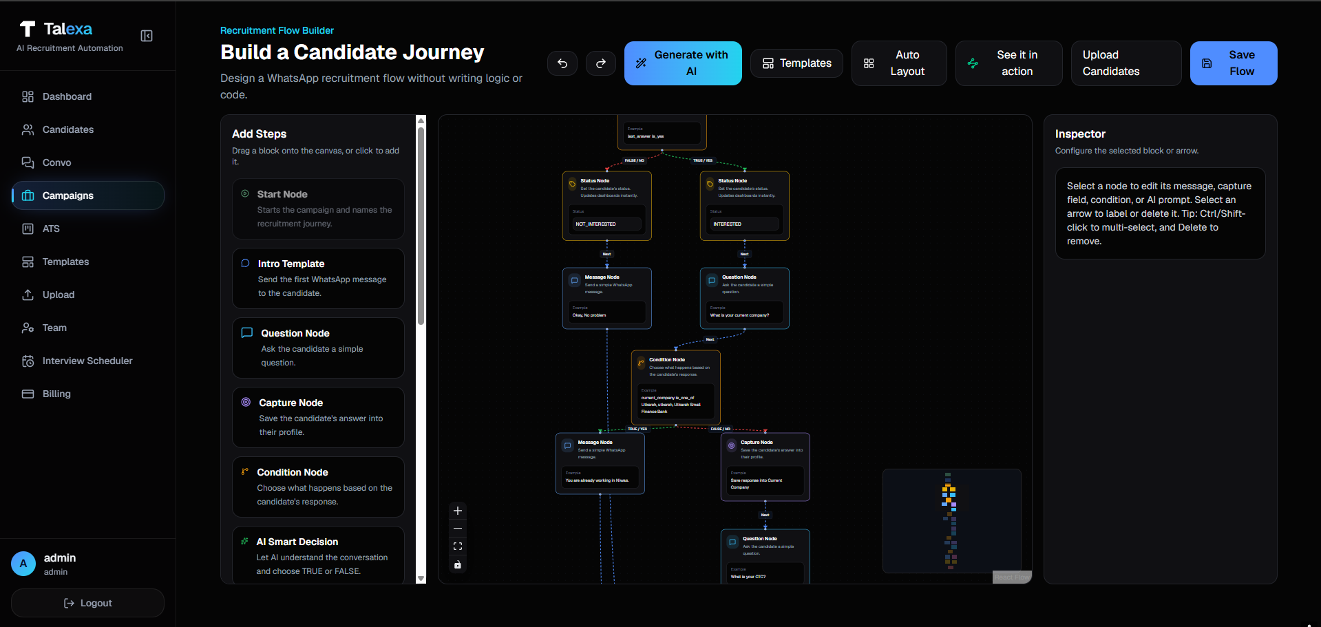 Talexa campaign flow builder — a visual canvas titled Build a Candidate Journey with draggable nodes for intro templates, questions, conditions and AI decisions.